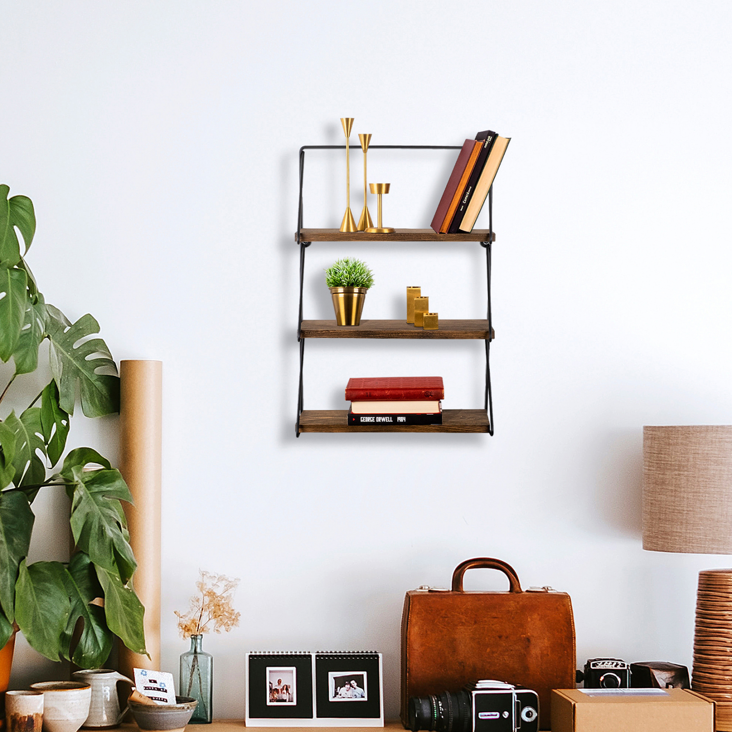 ΡΑΦΙΕΡΑ ΤΟΙΧΟΥ KERSTIN ΑΠΟ ΜΑΣΙΦ ΞΥΛΟ ΕΛΑΤΟΥ ΜΕ ΜΑΥΡΟ ΜΕΤΑΛΛΙΚΟ ΣΚΕΛΕΤΟ HM9115.01 40x15x60Υεκ. - Image 4