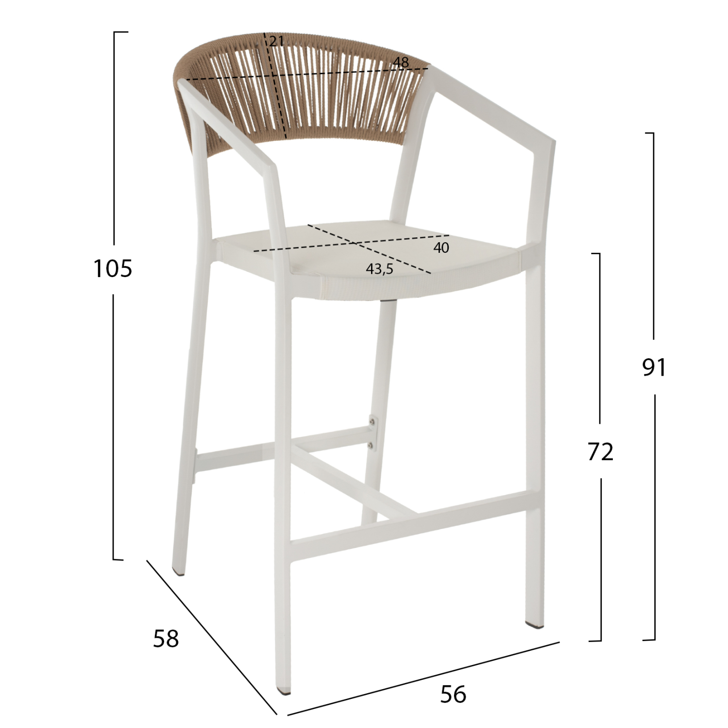 ΣΚΑΜΠΟ ΑΛΟΥΜΙΝΙΟΥ ΜΕ ΜΠΡΑΤΣΑ ΛΕΥΚΟ PE RATTAN ΠΛΑΤΗ TEXTLINE 56x58x105Y εκ.HM5892.02 - Image 2