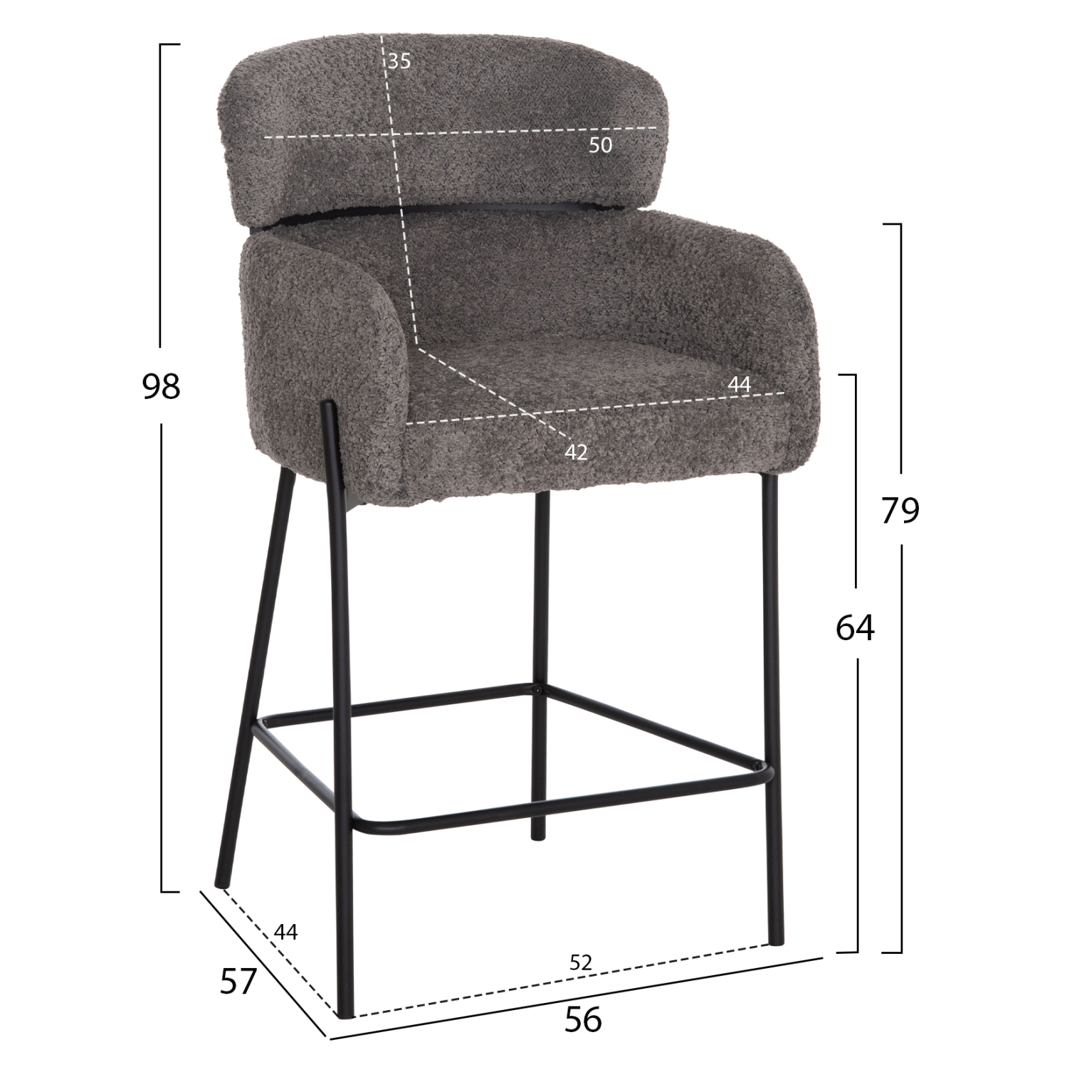 ΣΚΑΜΠΟ ΜΕΣ. ΥΨΟΥΣ WOLF HM8584.01 ΓΚΡΙ ΥΦΑΣΜΑ ΜΠΟΥΚΛΕ-ΜΕΤΑΛΛΙΚΑ ΠΟΔΙΑ 56x56x96Yεκ. - Image 2