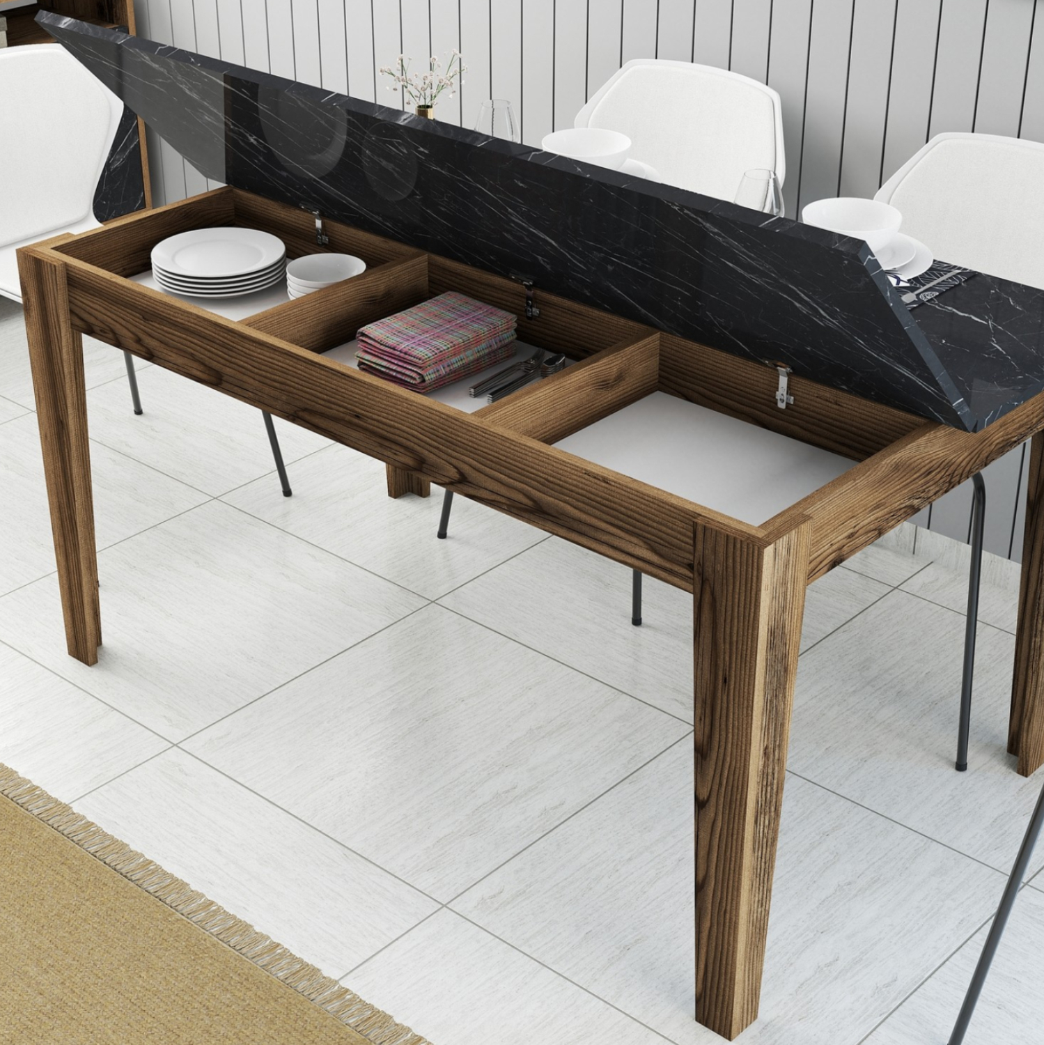 ΤΡΑΠΕΖΙ STANDARD HM9507.05 ΜΕΛΑΜΙΝΗ ΚΑΡΥΔΙ-ΜΑΥΡΟ ΜΑΡΜΑΡΟ ΜΕ ΑΠΟΘ.ΧΩΡΟ 145x88x75Yεκ. - Image 4